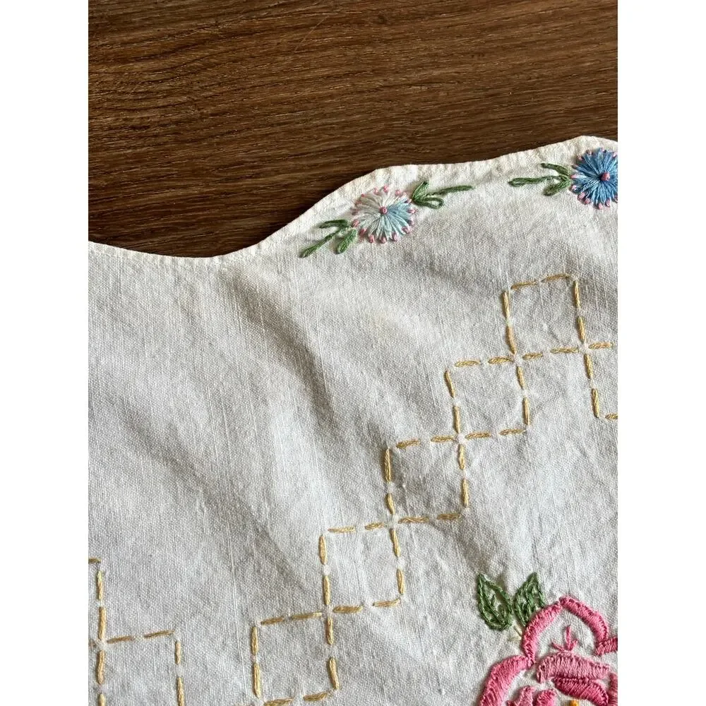 Antique Floral Embroidery Table Runner 16x39 White Cotton Rainbow Boho Scalloped